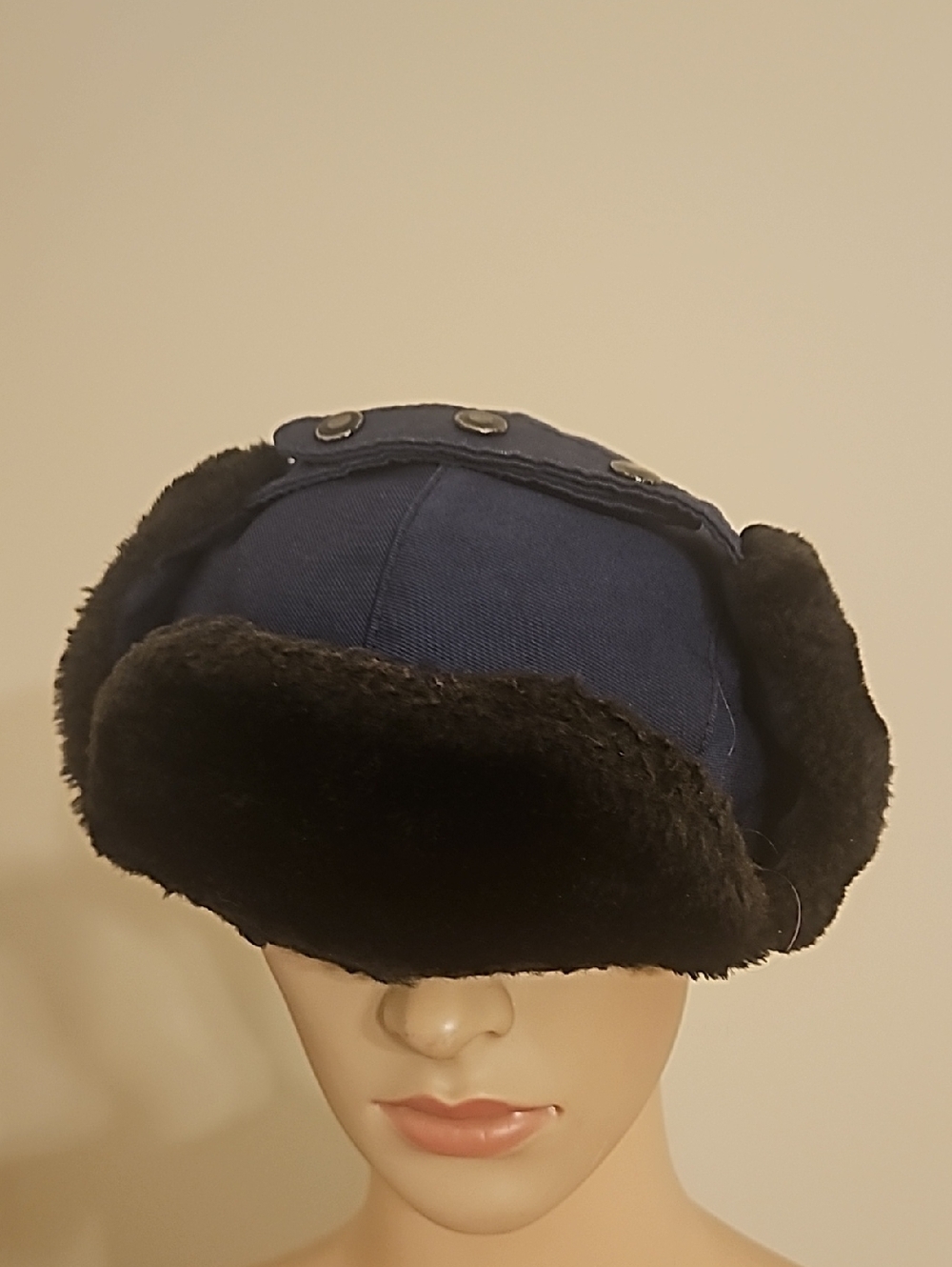 Men's Navy Blue Trapper Hat with Black Faux Fur Trim